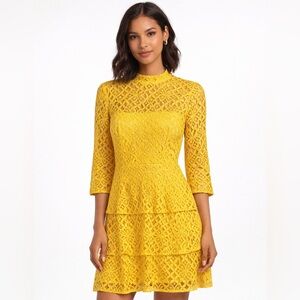 NWT Alex Marie Nadia Yellow Lace Tiered Dress Size 2 Mock Neck